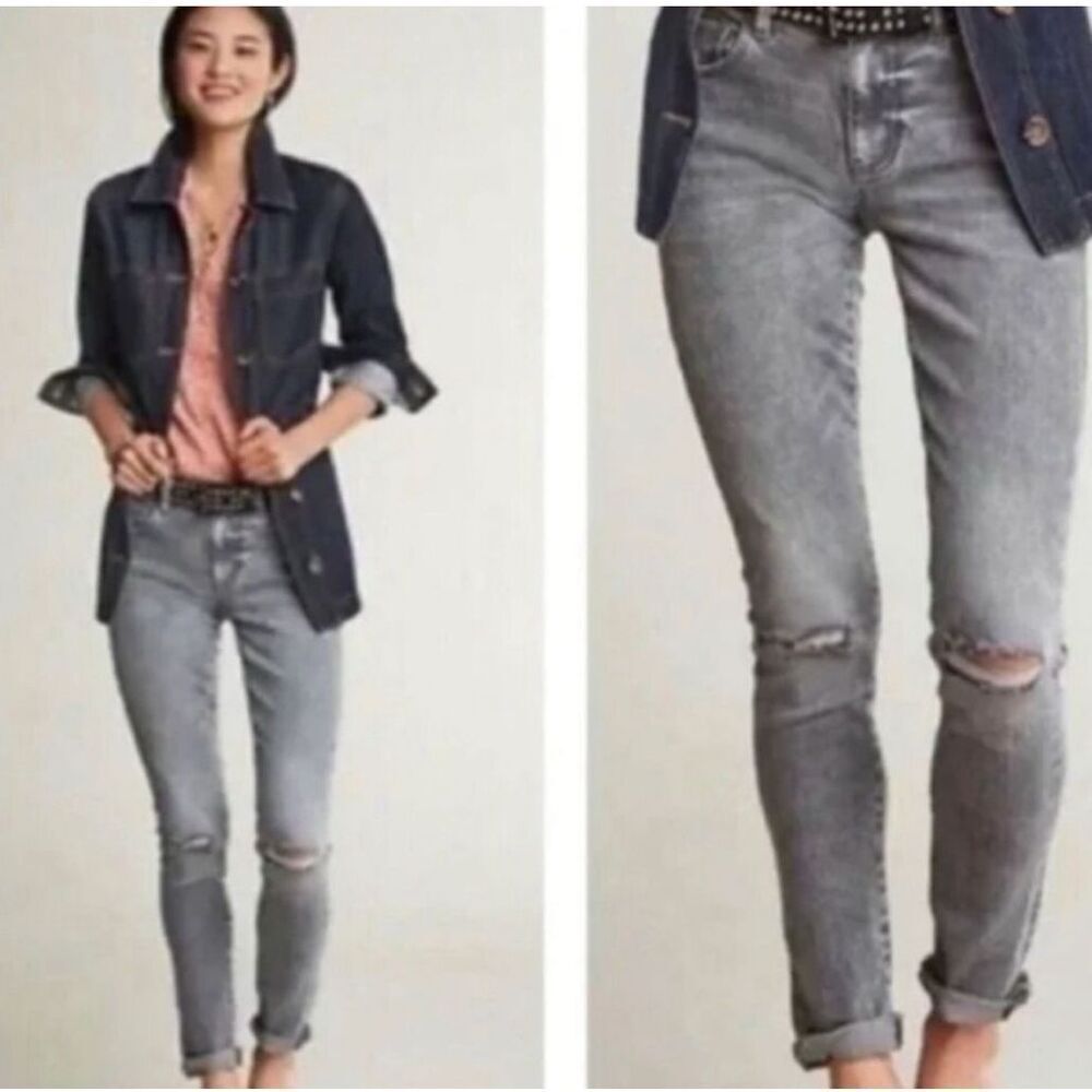 CAbi High rise distressed light gray size 14 denim normcore jeans